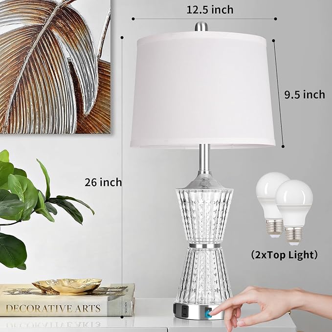 26" Modern Table Lamps, Set of 2 Table Lamp Night Light with 2 USB Charging Ports & AC Outlet, Bedside Nightstand Lamp White Shade for Living Room Bedroom Home Decor Silver(LED Bulbs Included)