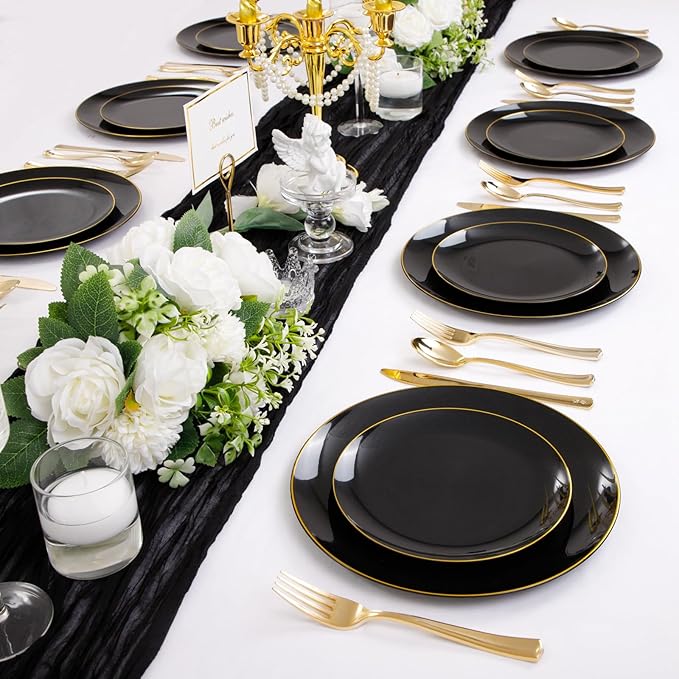 YOUBET 125PCS Black and Gold Plastic Plates - Black Disposable Plates With Gold Rim - Includes 25 Dinner Plates, 25 Dessert Plates, 75 Gold Cutlery for Wedding & Birthday Party Halloween