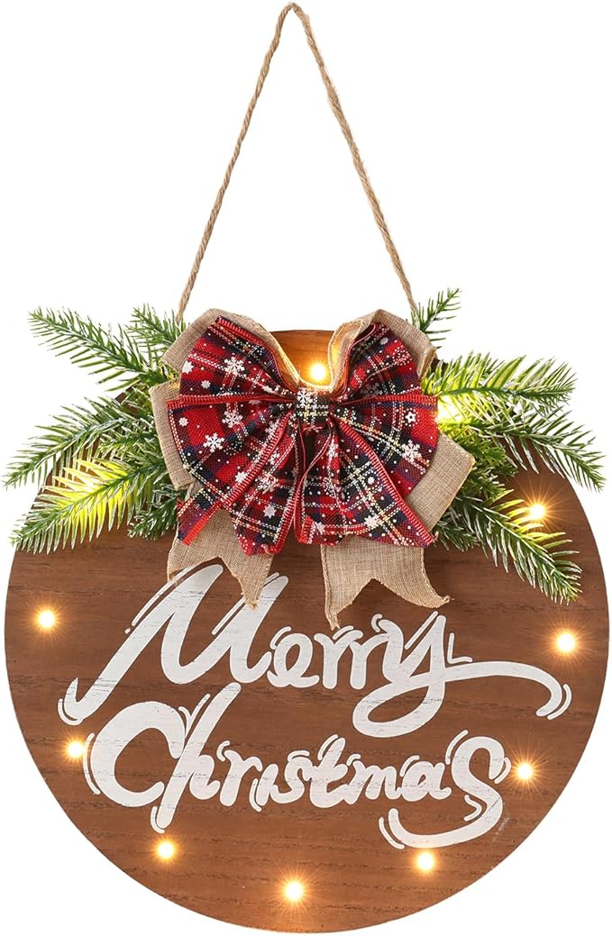 HOMCDALY Merry Christmas Sign for Front Door, Wooden Hanging Sign Door Decoration with 12 LED Light, Winter Welcome Wreath indoor outdoor Décor, Christmas Decoration.