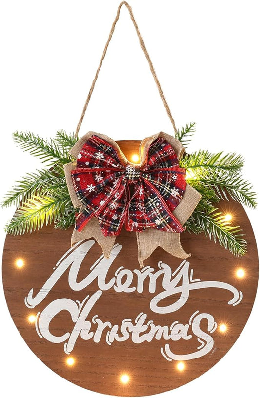 HOMCDALY Merry Christmas Sign for Front Door, Wooden Hanging Sign Door Decoration with 12 LED Light, Winter Welcome Wreath indoor outdoor Décor, Christmas Decoration.