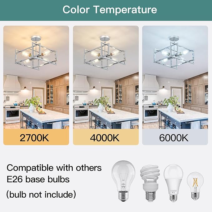 ZGLAOJT 4-Lights Ceiling Light Chrome Light Fixture Industrial Flush Mount Ceiling Light Farmhouse Chandelier Lighting for Kitchen Island Dining Room Bedroom Foyer Hallway.