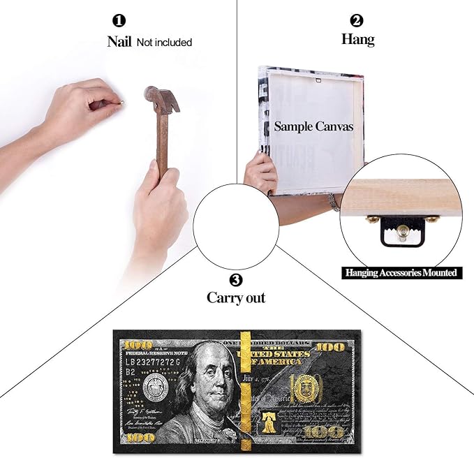 100 Money Wall Art Black Gold Dollars Bill Canvas Paintings Posters and Posters Inspirational Wall Pictures for Bathroom Guest Room Game Room Wall Hang Large Size Wooden Framed Art Print-48 Wx24 H