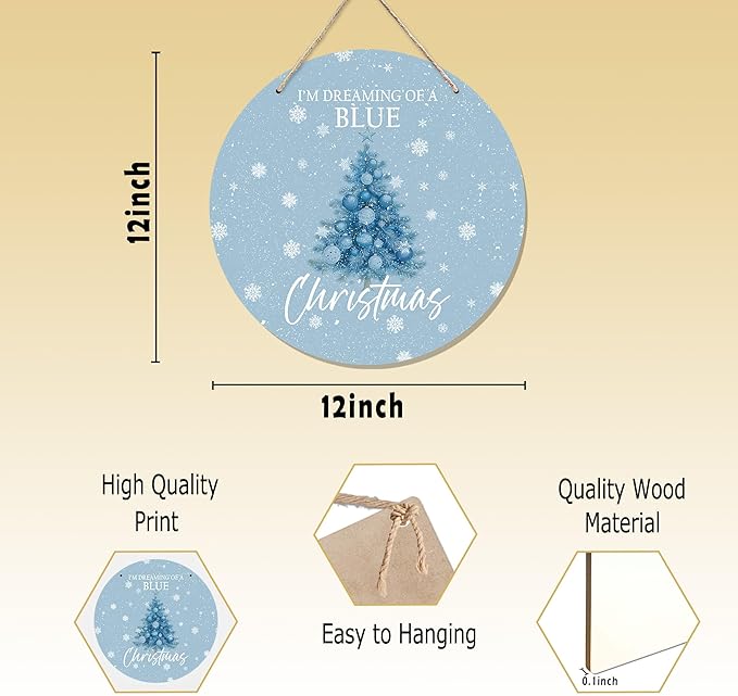 CGBHW Blue Christmas Tree Wooden Sign, Winter Holiday Theme Hanging Sign Wall Decor for Girls Room Home College, Aesthetic Christmas Xmas Snowflake Door Decor 12 x 6 Inch