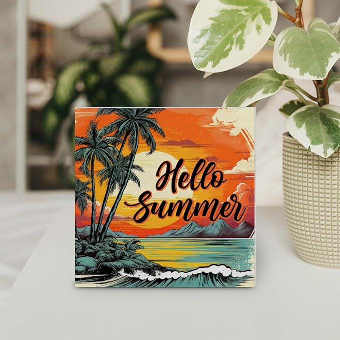 Hello Summer Decor Beach Wood Block Sign Sun Coconut Palm Decorations for Home Desk Table Shelf 5 x 5 Inches