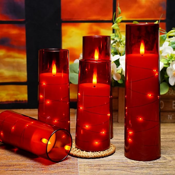 Flameless LED Candles with Timer 5 Pc Flickering Flameless Candles for Romantic Ambiance and Home Decoration Stable Acrylic Shell,with Embedded Star String,Battery Operated Candles(Red)