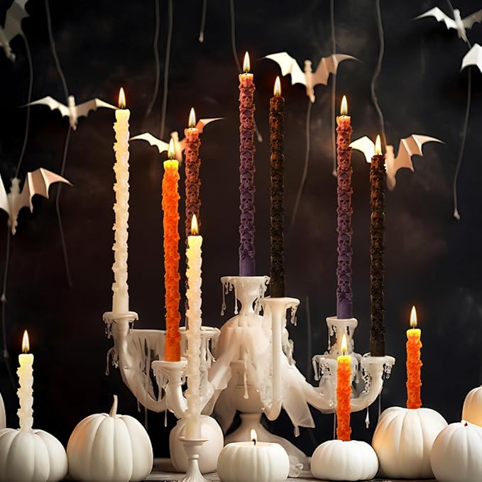 Nuanchu 12 Pack Halloween Skull Taper Candles 10 Inch Unscented Dripless Skeleton Candles for Halloween Party Decor, Table Centerpiece, Gothic Home Decoration, Spooky Gifts