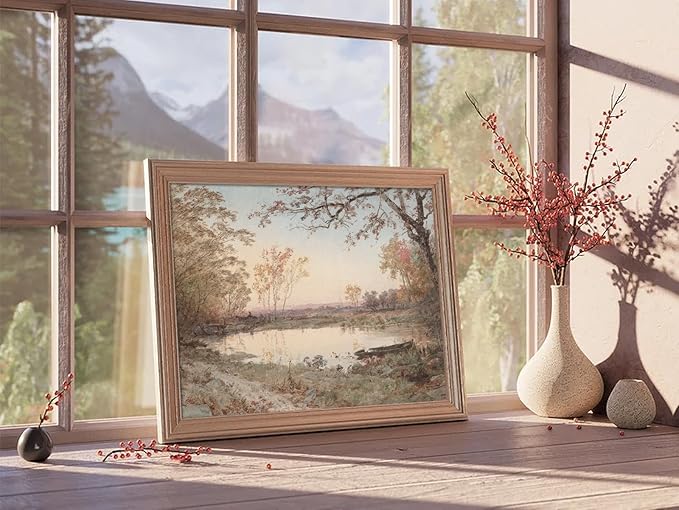uniro Vintage Wall Art, Farmhouse Wall Decor Fall Pond Wall Painting Canvas Prints Autumn Landscape Oil Painting, Neutral French Country Wall Decor, Vintage Art Pictures for Bedroom Bathroom Kitchen Decor( 8" x 10"-UNFRAMED)