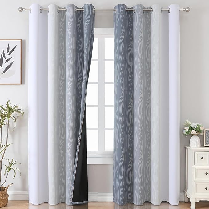 Estelar Textiler Grey and Greyish White Ombre Blackout Curtains 90 Inches Long 2 Panels Set, Thermal Insulated Drapes for Bedroom, Full Room Darkening Gray Grommet Curtains for Living Room,52Wx90L