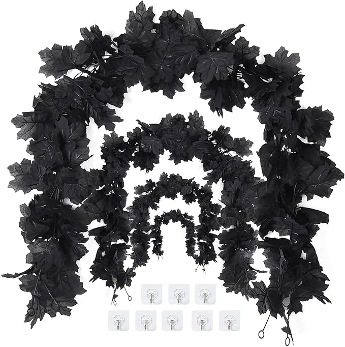 Fall Decor Fake Garland, Black Decorations Halloween Garlands, Autum Wall Hanging Maple Leaves, Artificial Maple Leaf Vine, Halloween Clearance,Fall Decoration for Home(4 Pcs Black)