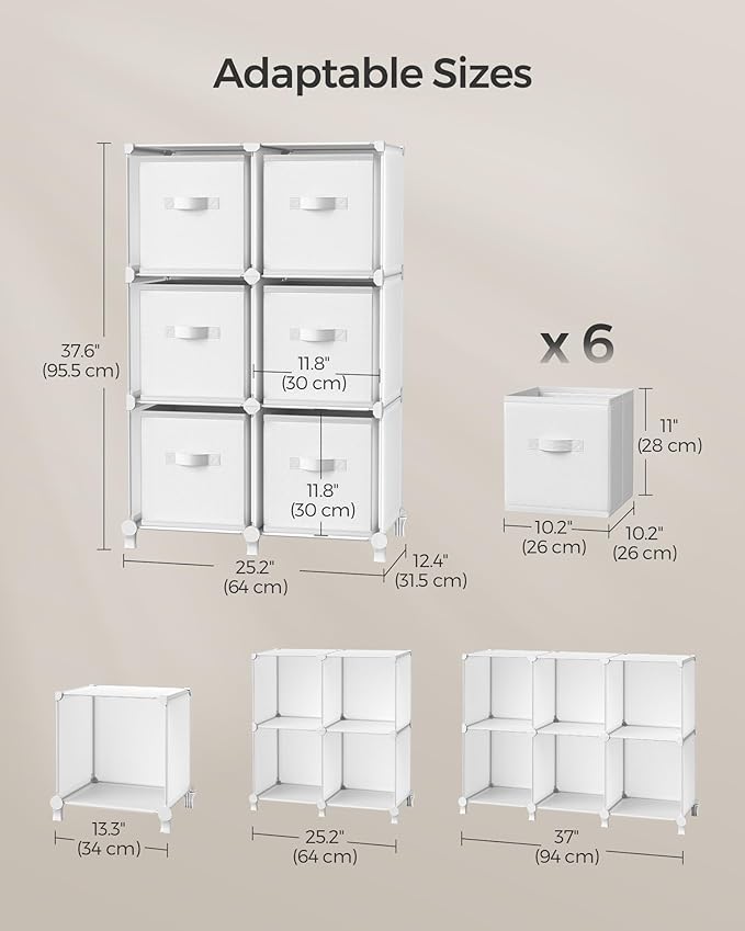 SONGMICS Cube Storage Organizer with Storage Boxes, 6-Cube Organizer, 6 Collapsible Non-Woven Fabric Bins, Customizable, Space-Saving, Bedroom, Living Room, Cloud White ULPC062W06