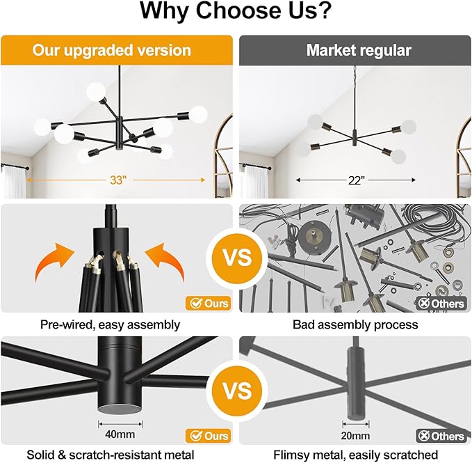 Sputnik Chandeliers Dining Room Light Fixture (8-Light, 30-Inch), Modern Black Chandelier, Height Adjustable Mid Century Modern Chandeliers for Dining Room Kitchen Island