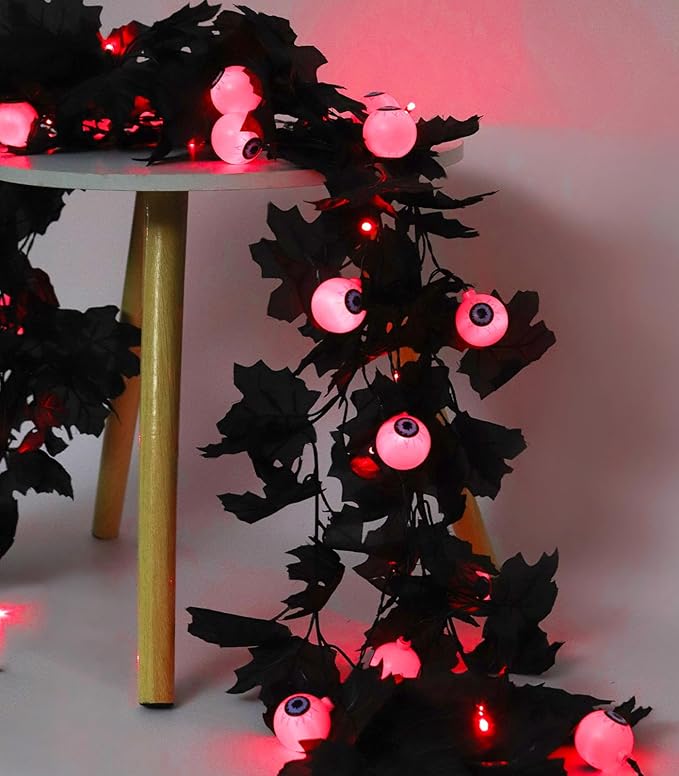 Black Garland with Red Eyes Lights Black Leaves Vine Fall Decor Artificial Autumn Garland Halloween Garlands for Indoor Outdoor Thanksgiving Home Fireplace Dinner Autumn Party(Red Eyes)