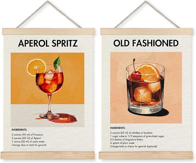 Yomisex Aperol Spritz Old Fashioned Cocktail Wall Art Poster, Vintage Italian American Cocktail Canvas Prints Wall Art Framed for Home Kitchen Bar Pub Decor, 12x16 Inch Set of 2