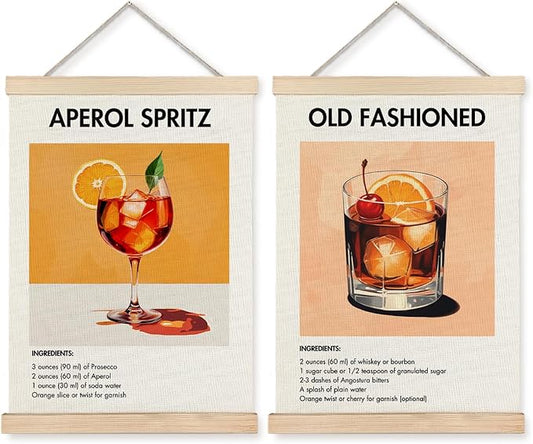 Yomisex Aperol Spritz Old Fashioned Cocktail Wall Art Poster, Vintage Italian American Cocktail Canvas Prints Wall Art Framed for Home Kitchen Bar Pub Decor, 12x16 Inch Set of 2