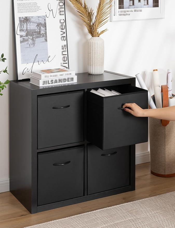 StorageWorks Black Storage Cubes, 13-inch Leather Bins with Handle, Cube Organizer Baskets for Shelves and Closet, Collapsible Storage Bins, 4-Pack