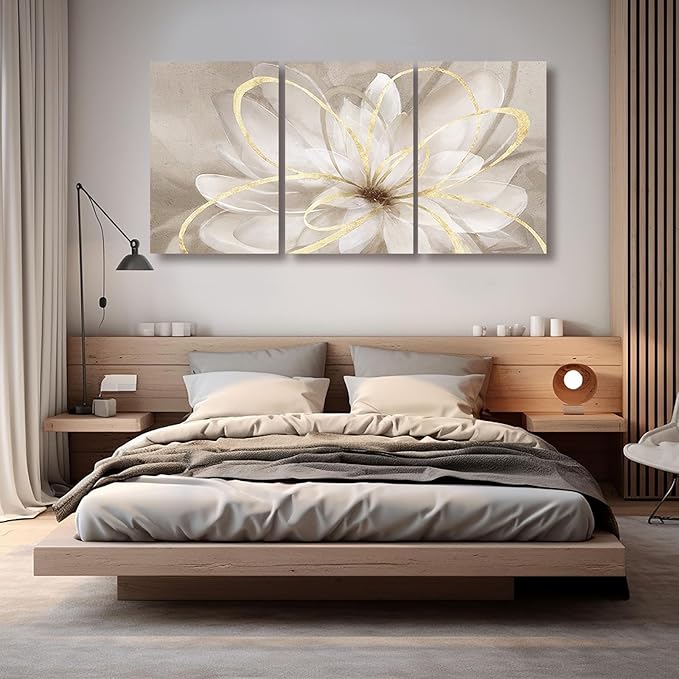 Kureful White Floral Wall Art Maximalist Decor 16"x 24"x 3 Pieces Flower Canvas Painting Wall Decor Gold Picture for Living Room Bedroom Home Decor