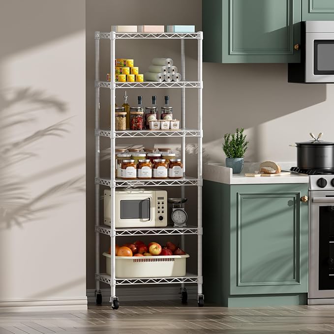 SINGAYE 6 Shelves Storage Shelf Wire Closet Bathroom Organizers Metal Pantry Kitchen Small Garage Shelving Unit Laundry Room Organization Home Narrow Rack Net Basket with Wheels White