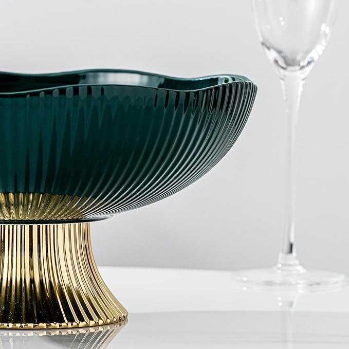 Ceramic Fruit Bowl,10” Pedestal Bowl, Decorated Fruit Tray for Kitchen Counter and Dining Table, Footed Bowls for Afternoon Tea Parties, Bread and Salad Bowl with Golden Feet. (green)