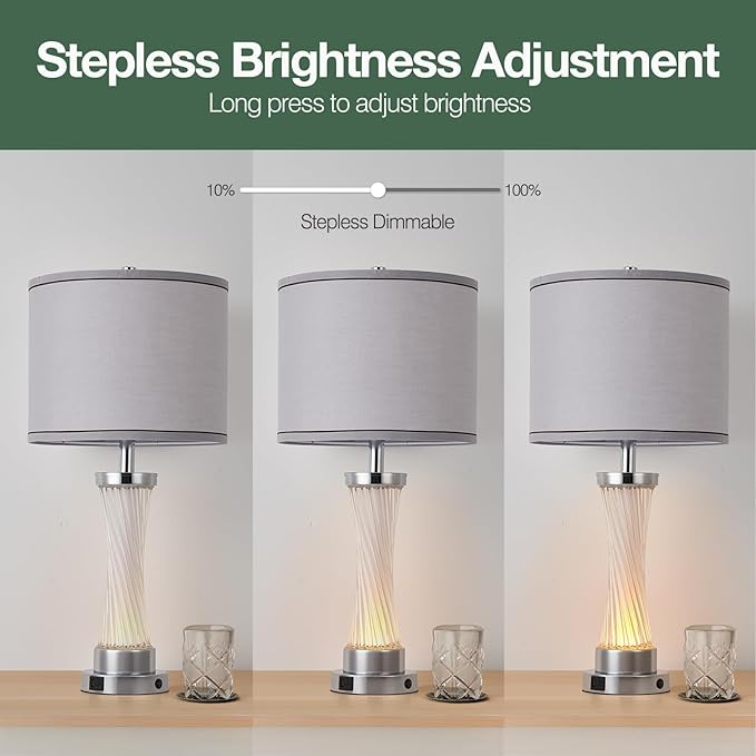 3-Way Dimmable Table Lamp Set of 2,Touch Control Lamp with Night Light,Modern Crystal Table Lamps for Bedroom,Living Room,Bedside Lamps with USB A+C Ports,Fabric Lampshade(Blubs Included)