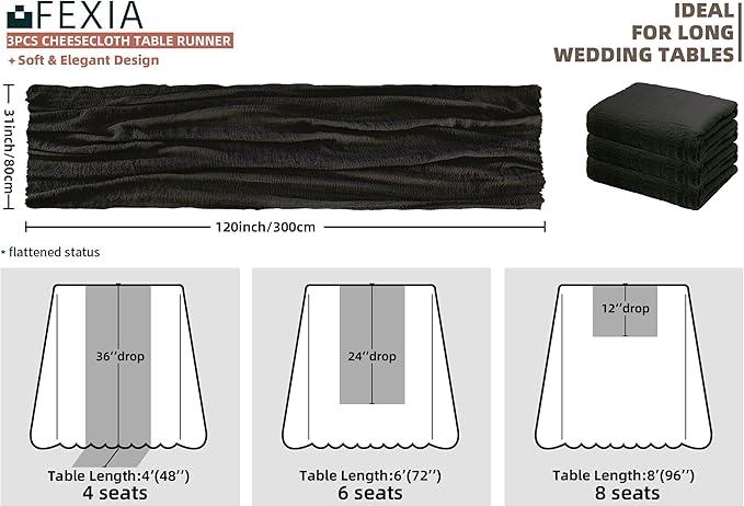 FEXIA 3 Pack Black Cheesecloth Table Runner 30x118 Inches Rustic Boho Gauze for Wedding Baby Shower Bridal Shower First Communion and Home Decorations