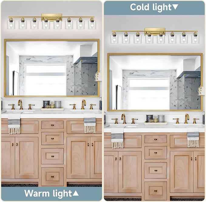 8 Light Bathroom Light Fixtures Gold, Brushed Gold Vanity Lights for Bathroom with Clear Glass, 51 inch Wall Sconce for Oversized Mirrors Living Room Bedroom Hallway E26 Base