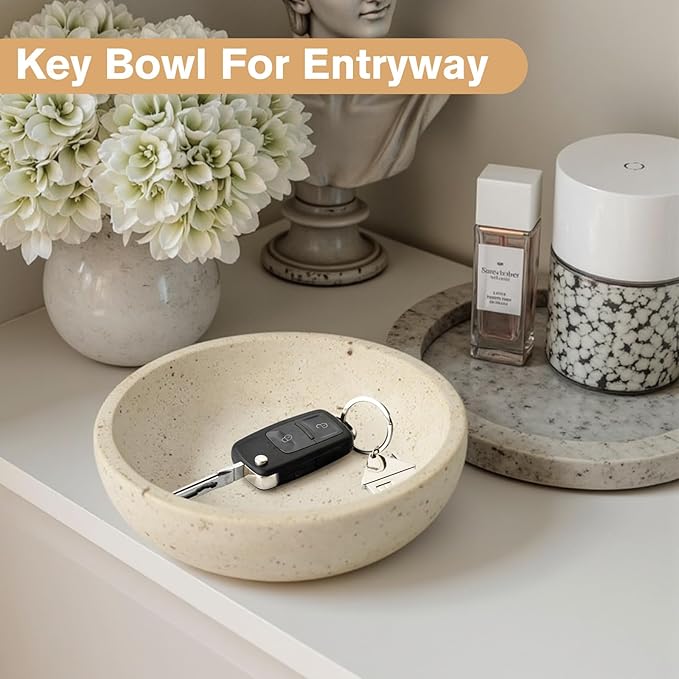 Travertine Decorative Bowl Serving Tray, 7.8" Natural Stone Centerpiece for Dining Table, Round Ottoman Decor, Housewarming Gifts Key Bowl for Entryway Table New Home Apartment Must Haves Essentials