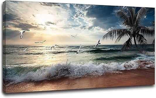 Yxbhhym Large Canvas Wall Art Beach Ocean Prints Art Coast Sunset Sea Paintings Poster Scenery Picture Palm Artwork for Wall Art Living Room Bedroom Office Decorations Framed-30x60inches