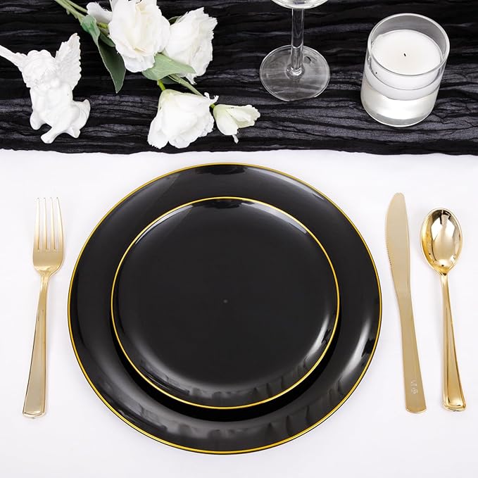 YOUBET 125PCS Black and Gold Plastic Plates - Black Disposable Plates With Gold Rim - Includes 25 Dinner Plates, 25 Dessert Plates, 75 Gold Cutlery for Wedding & Birthday Party Halloween