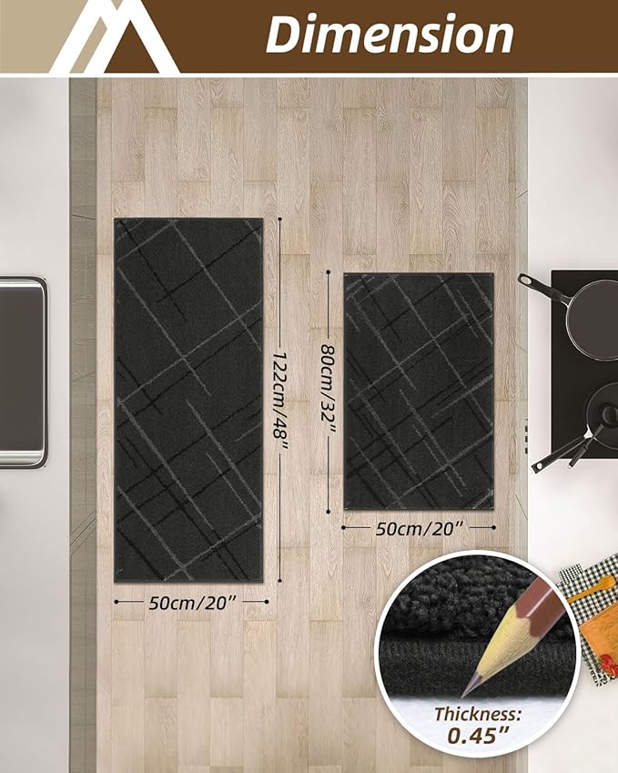 COSY HOMEER Kitchen Mats, 2 PCS Kitchen Rug Non Slip Washable, Absorbent Runner Rugs for Kitchen Floor, Polyester Kitchen Sink Rug 20"x32" + 20"x48"(Dark Gray)
