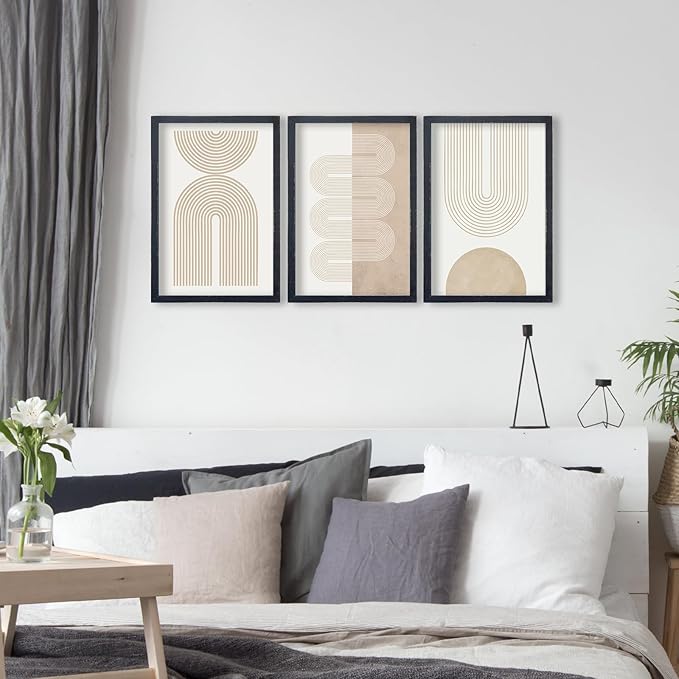 Wall Art Set of 3 Geometric Beige Spiral Wave 16"x11" Wooden Framed Mid Century Organic Abstract Neutral Sign Prints Nordic Boho Office Living Room Master Bedroom Wall Hang Decor (Black)