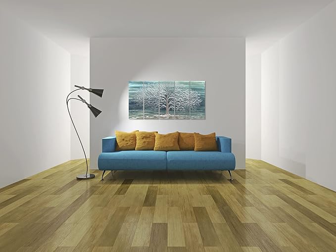 Yihui Arts Large Metal Wall Art Handcrafted Aesthetic Tree Pictures on Aluminum 5 Panels Teal and Silver Abstract Landscpae Artwork for Living Room Bedroom Dinning Decor