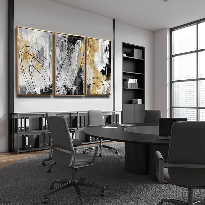 YJYart Gold Wall Art Abstract Wall Art Living Room Decor Black and White Canvas Picture Home Decor Wooden Frame Line Paintings Modern Artwork Office Decor 24"x 36"x 3 Pieces