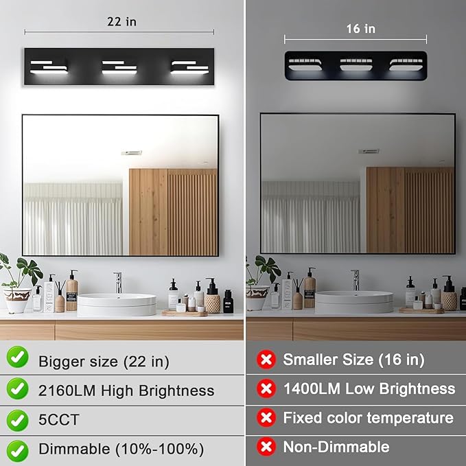 LED Modern Bathroom Vanity Light Fixtures 3-Light 5CCT Dimmable Matte Black Vanity Lights for Bathroom Lighting Fixtures Over Mirror, with 350° Rotatable Acrylic Heads, 22-inch