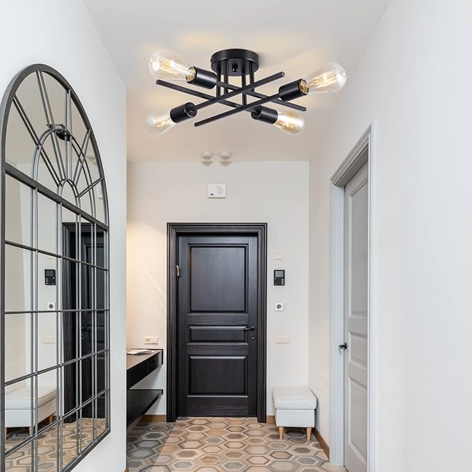 Sputnik Chandeliers, Modern Semi Flush Mount Ceiling Light with E26 Base, Mid Century Industrial Kitchen Farmhouse Light Fixtures for Bedroom Living Room (Black, Ceiling 4 Lights)