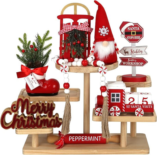 Christmas Tiered Tray Decor Set, 8 PCS Christmas Decorations for Home, Wooden Signs Farmhouse Table Centerpieces Winter Decorations for Shelf Mantel Fire Place Office Desk Kitchen Bedroom
