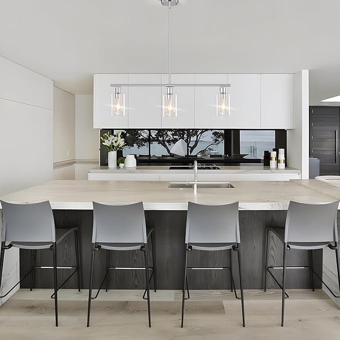 Kitchen Island Lighting, 3 Lights Linear Chandeliers Rectangle Pendant Light Fixtures for Dining Room Farmhouse Hanging Light with Glass Shades(Chrome)