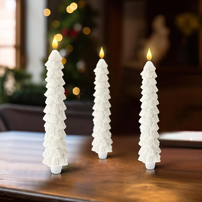 Homemory 3 Pcs Christmas Tree Candles with Remote, Waxy Flameless Taper Candles Flickering, White LED Candlesticks Battery Operated for New Year Celebration Holiday Decorations 9.7 Inches