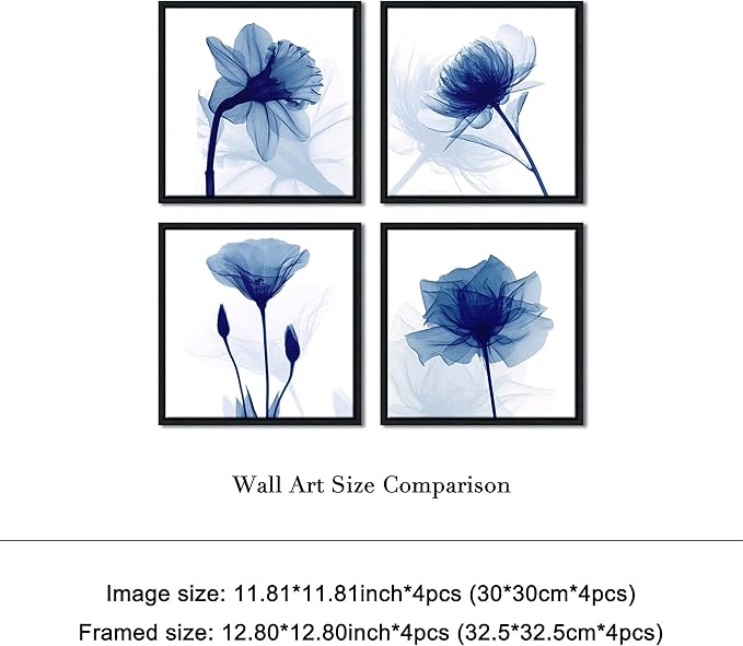Pyradecor Black Framed Wall Art Blue Flickering Flower Modern Paintings Canvas Artwork 4 Panels Grace Floral Pictures on Canvas Prints for Bedroom Office Home Decorations