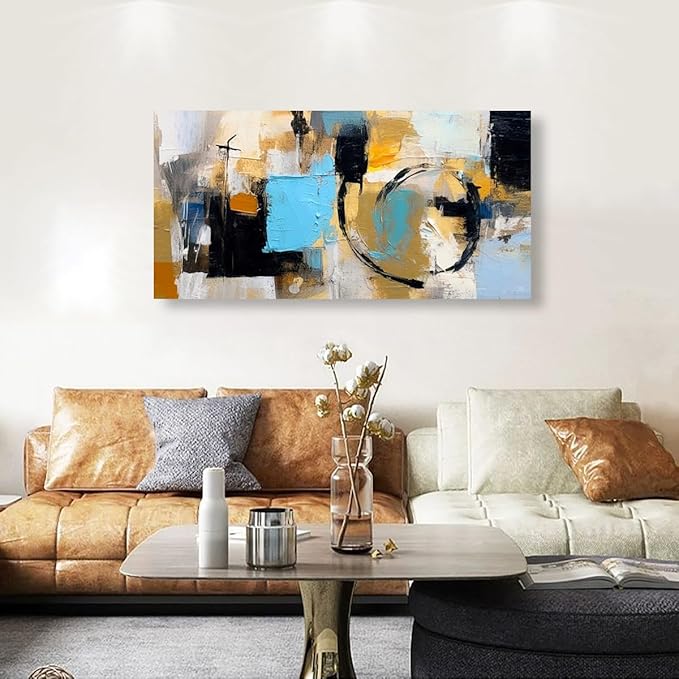 Blue Abstract Wall Art Bedroom Wall Decor Living Room,Black Canvas Wall Art Office Farmhouse Paintings Artwork Modern Black Yellow Brown Boho Wall Art Prints Pictures 20 * 40inch