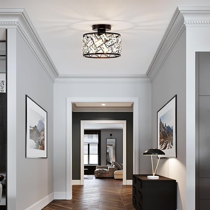 Crystal Ceiling Light Fixture, Modern Semi Flush Mount Ceiling Light,Crystal Chandelier for Kitchen Bedroom Bathroom Entryway, Black Finish