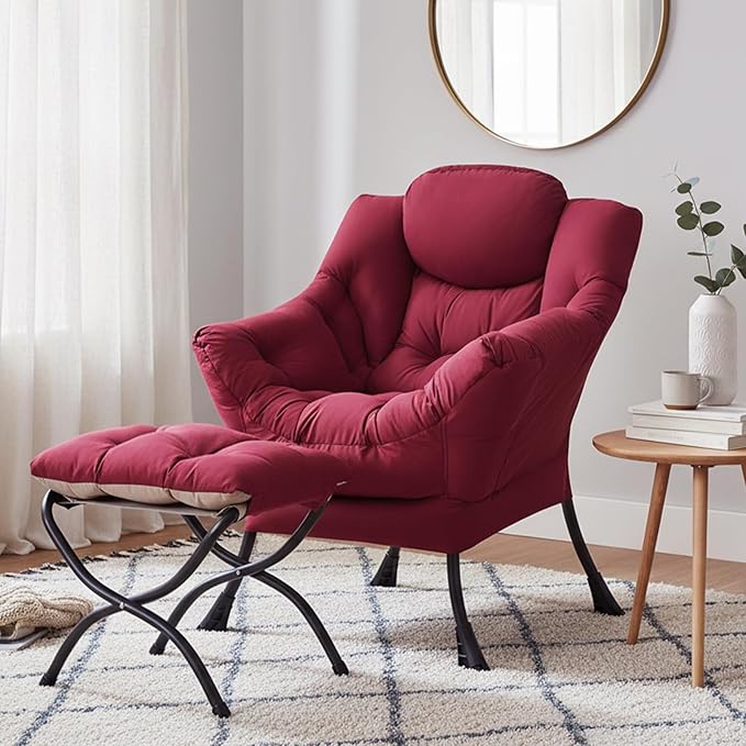 Lazy Chair with Ottoman, Modern Chair with Folding Footrest, Lounge Accent Chair, Comfortable Reading Chair (Burgundy)