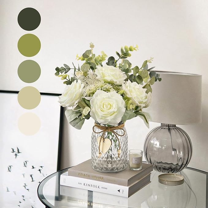 HOHOTIME Artificial Flowers with Vase, White Silk Roses Fake Flower Arrangement with Eucalyptus, Faux Plant Vase for Home Office Dining Table Centerpiece Coffee Table Decor Farmhouse Decoration
