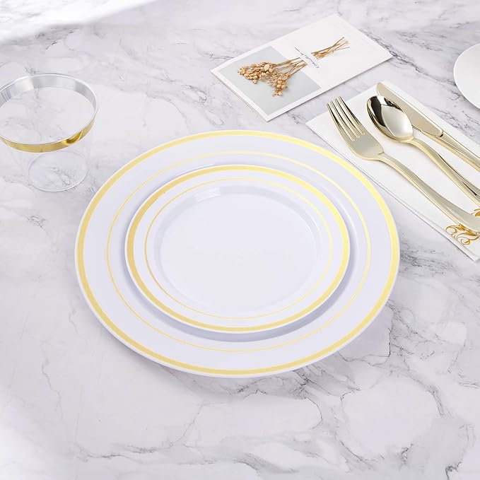 100PCS Gold Plastic Plates, 10.25 Inch Disposable Dinner Plate Party with Gold Rim for Christmas, Thanksgiving, Heavy Duty Disposable Plastic Plates for Party, Wedding and Birthday, Events