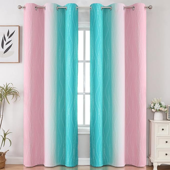 Estelar Textiler Pink and Teal Ombre Blackout Curtains for Bedroom, Thermal Insulated Light Blocking Gradient Drapes, Full Room Darkening Grommet Curtains for Living Room, 42Wx84L, 2 Panels