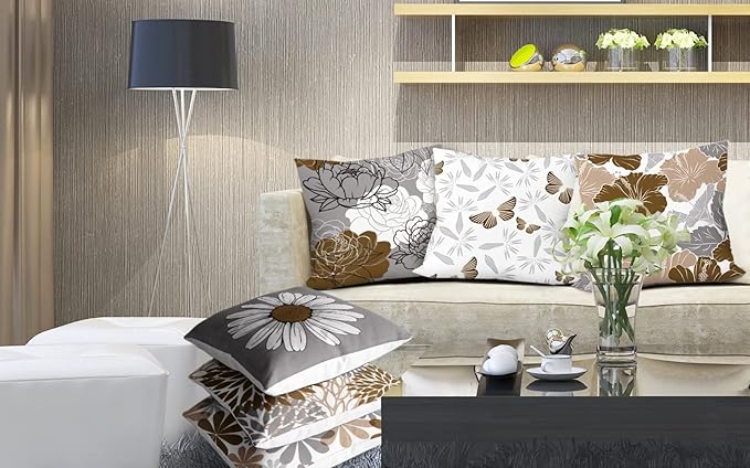 COMMINY Brown Grey Pillow Covers 18x18 Set of 6 Decorative Daisy Flower Throw Pillow Cover for Couch Modern Coffee Pillow Case for Patio Living Room Cushion Bed Farmhouse Home Decor