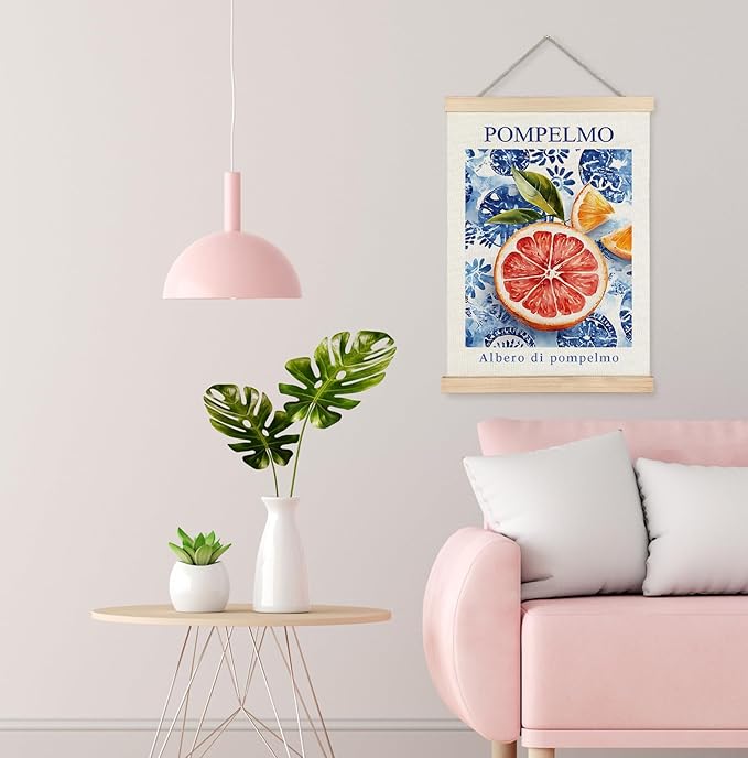 Yomisex Italian Amalfi Coast Grapefruit Wall Art Poster, Italian Kitchen Decor, Blue and White Mediterranean Tiles Pompelmo Fruit Wall Art Framed for Kitchen Dining Room Home Decor, 12x16 Inch