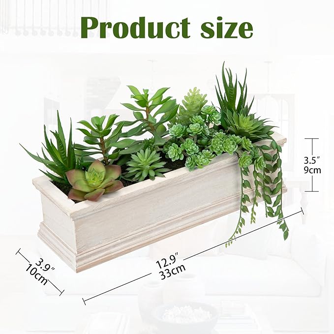 Artificial Succulents Fake Plants in White Rectangular Wooden Pots Artificial Potted Succulents Faux Plants Arrangement for Table Centerpiece Farmhouse Shelf Mantel Tropical Greenery Decor