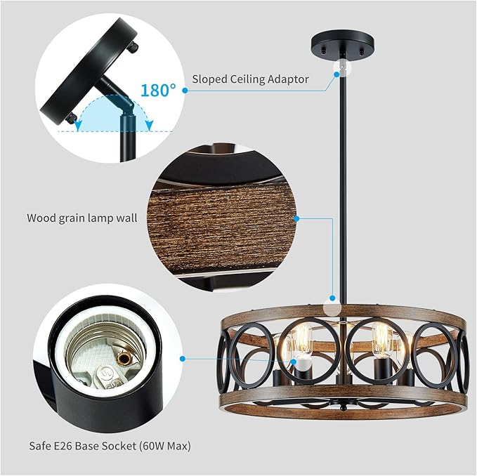 XINGQI Dining Room Chandelier 5-Light Black Modern Chandelier 21.7'' Farmhouse Drum Pendant Light Fixture for Living Room Kitchen Island Bedroom Office with Wood Grain Finish