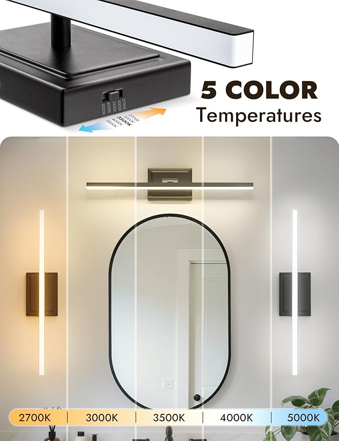 NIORSUN 24 Inch Modern Bathroom Light Fixture, 14W 5CCT Dimmable LED Black Bathroom Vanity Lights Over Mirror, Vanity Lights for Bathrooms Restroom Mirror- ETL Certified