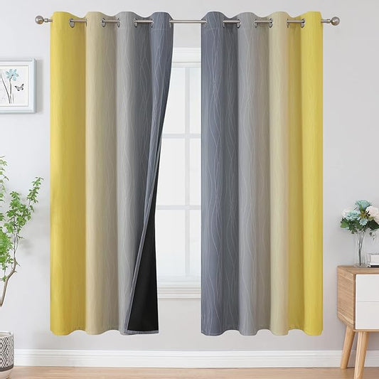 Estelar Textiler Ombre Grey and Yellow Blackout Curtains 72 Inch Length 2 Panels, Full Light Blocking Curtains for Living Room,Grommet Thermal Insulated Gradient Drapes for Bedroom, 52x72 Inch